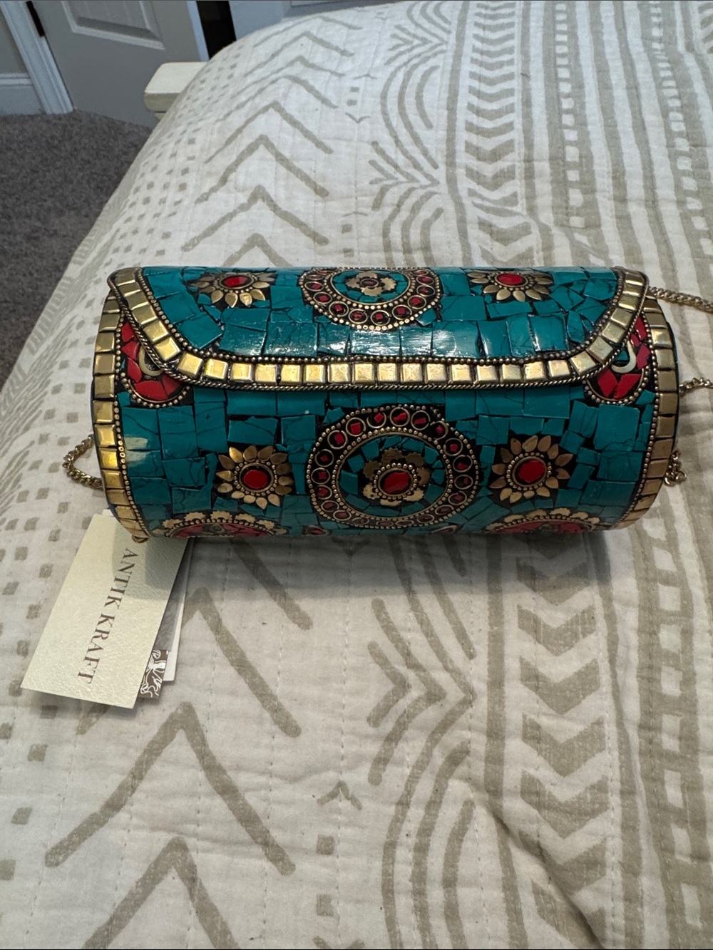 Antik Kraft Turquoise Mosaic Evening Clutch with Gold & Red Accents